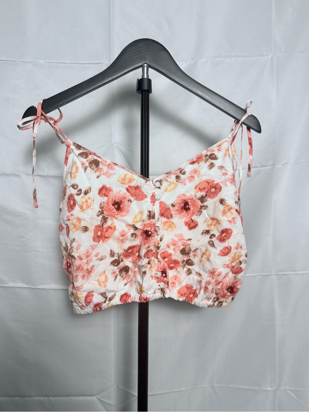 Abercrombie & Fitch Floral Tie-Shoulder Cropped Cami - White/Pink/Coral